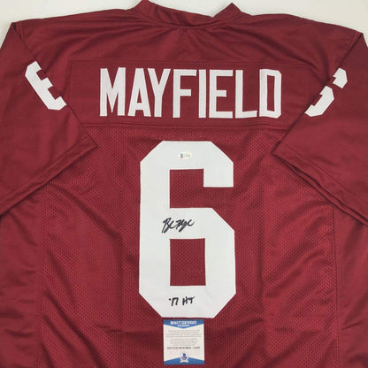 Autographed/Signed Baker Mayfield HT 17  Oklahoma Crimson Football Jersey Beckett BAS COA