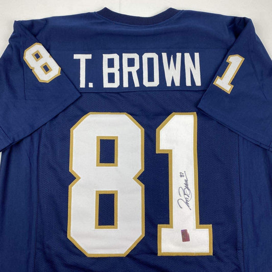 Autographed/Signed Tim Brown Notre Dame Blue College Football Jersey GTSM COA Holo Only
