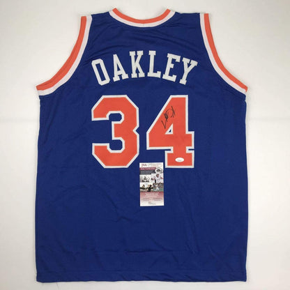 Autographed/Signed Charles Oakley New York Blue Basketball Jersey JSA COA