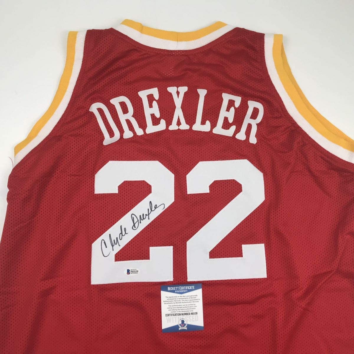 Autographed/Signed Clyde Drexler Houston Red Basketball Jersey Beckett BAS COA