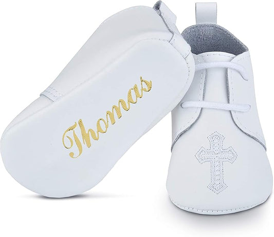 BabyShoe Personalized Christening - Baptism Leather Shoes for Baby Boys & Girls with Hand Embossed Name & Date ‰ÛÒ Newborn Shoes for Special Occasions ‰ÛÒ Great Gift Idea ‰ÛÒ White
