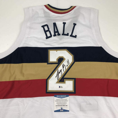 Autographed/Signed Lonzo Ball New Orleans White Basketball Jersey Beckett BAS COA