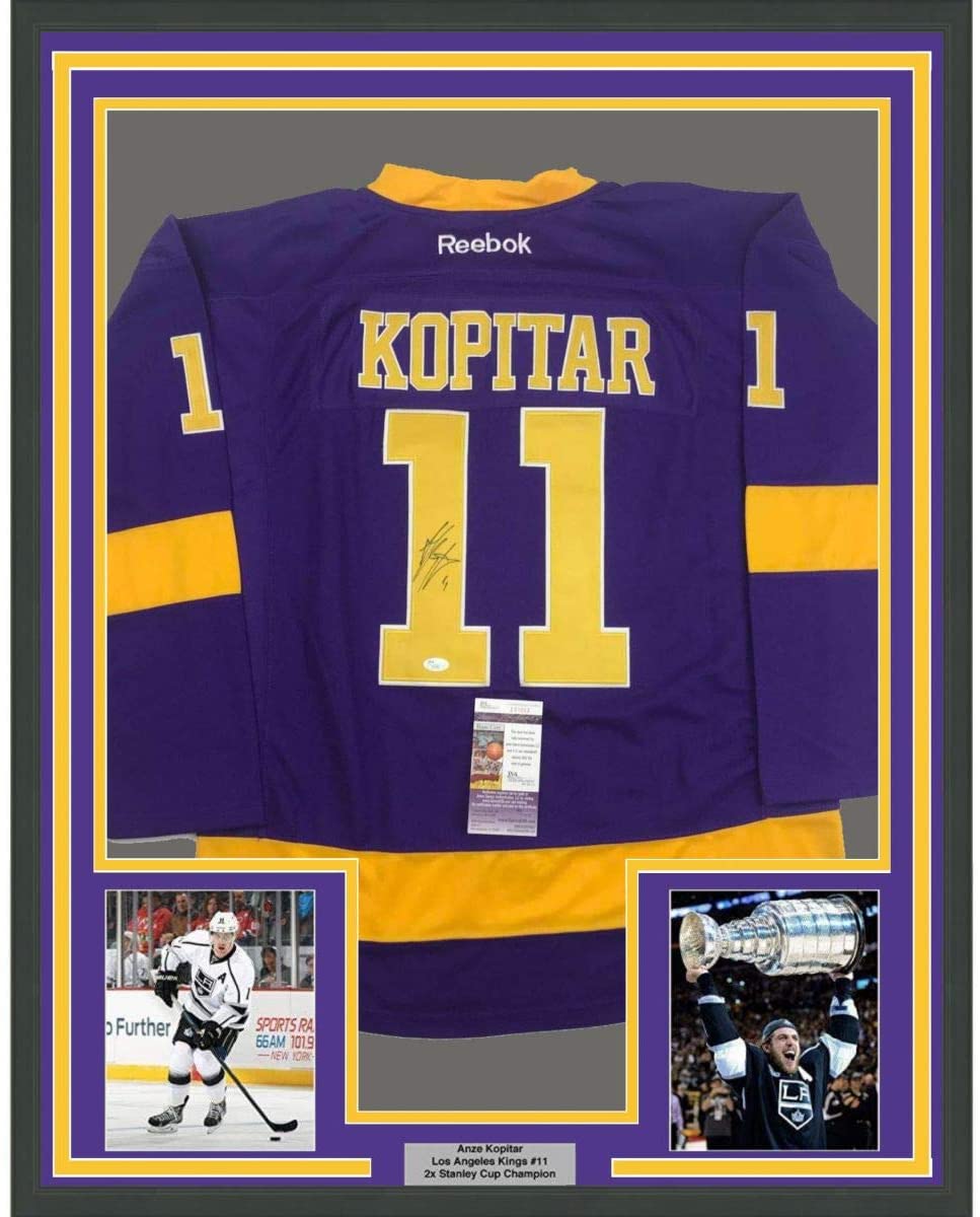 Framed Autographed/Signed Anze Kopitar 35x39 Los Angeles LA Retro Purple Hockey Jersey JSA COA