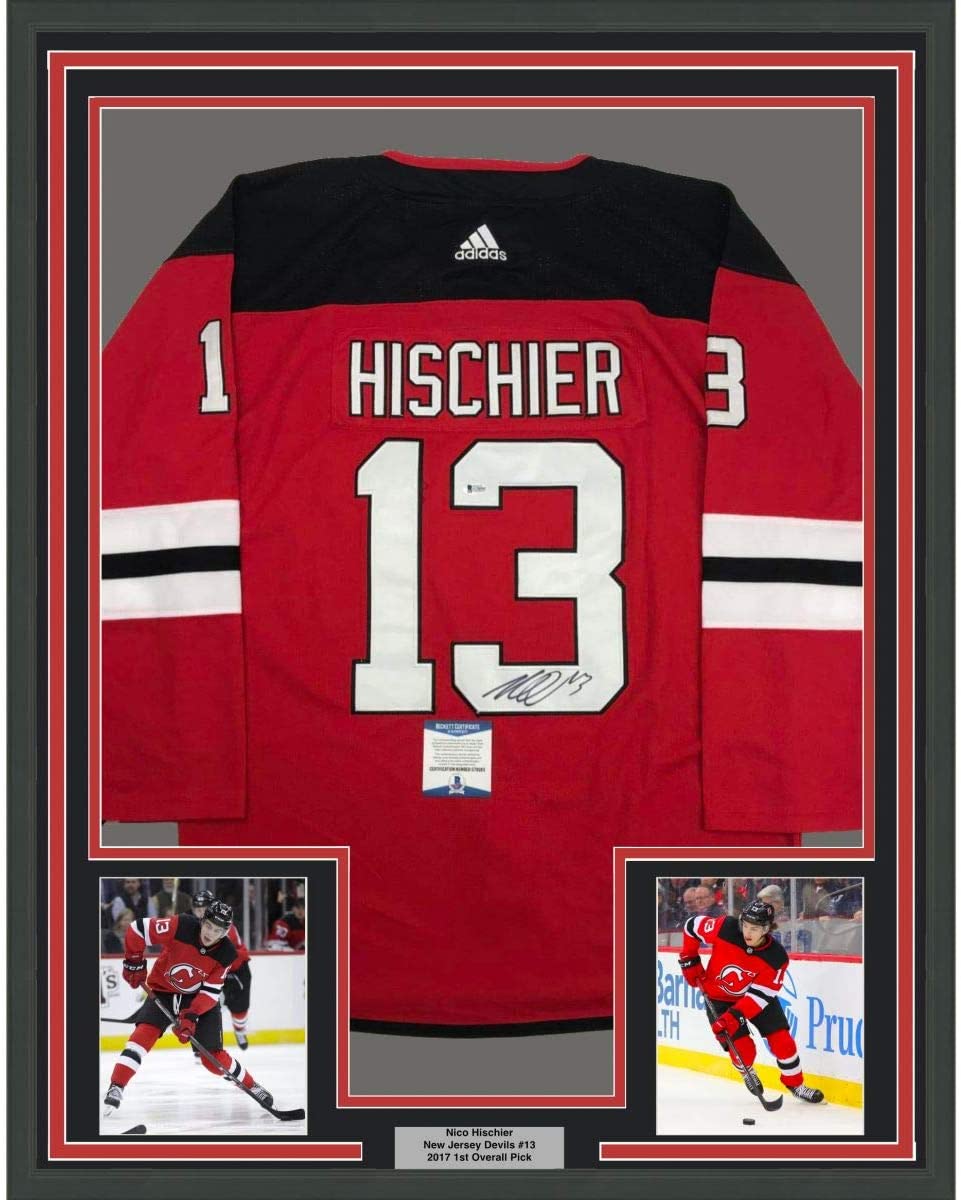 Framed Autographed/Signed Nico Hischier 35x39 New Jersey Red Hockey Jersey Beckett BAS COA