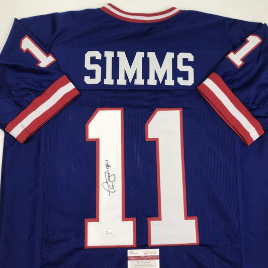 Autographed/Signed Phil Simms New York Blue Football Jersey JSA COA