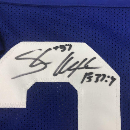 Framed Autographed/Signed Shaun Alexander 35x39 Seattle Blue Football Jersey JSA COA