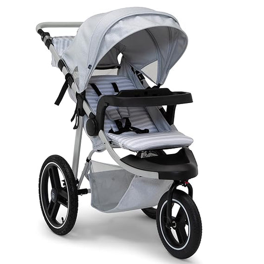 babyGap Trek Jogging Stroller - Lightweight Jogging Stoller with Extendable Canopy & Reclining Seat - Includes Car Seat Adapter - Made with Sustainable Materials, Grey Stripes