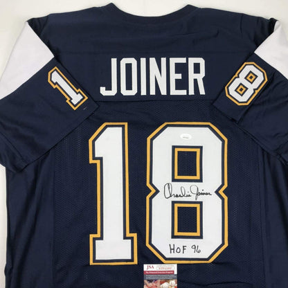 Autographed/Signed Charlie Joiner HOF 96 San Diego Dark Blue Football Jersey JSA COA