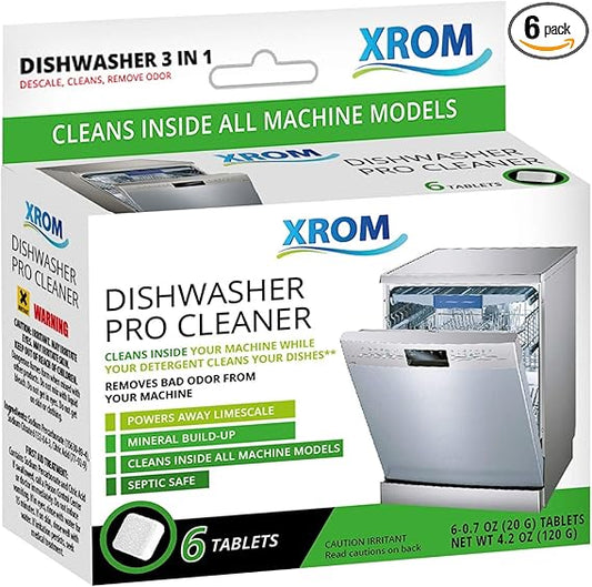 XROM Dishwasher Cleaner Tablets, Plant Based, Non Chemicals, Deep Clean and Descaler, Removes Odors & Hard Water Stains, 6 Treatments.