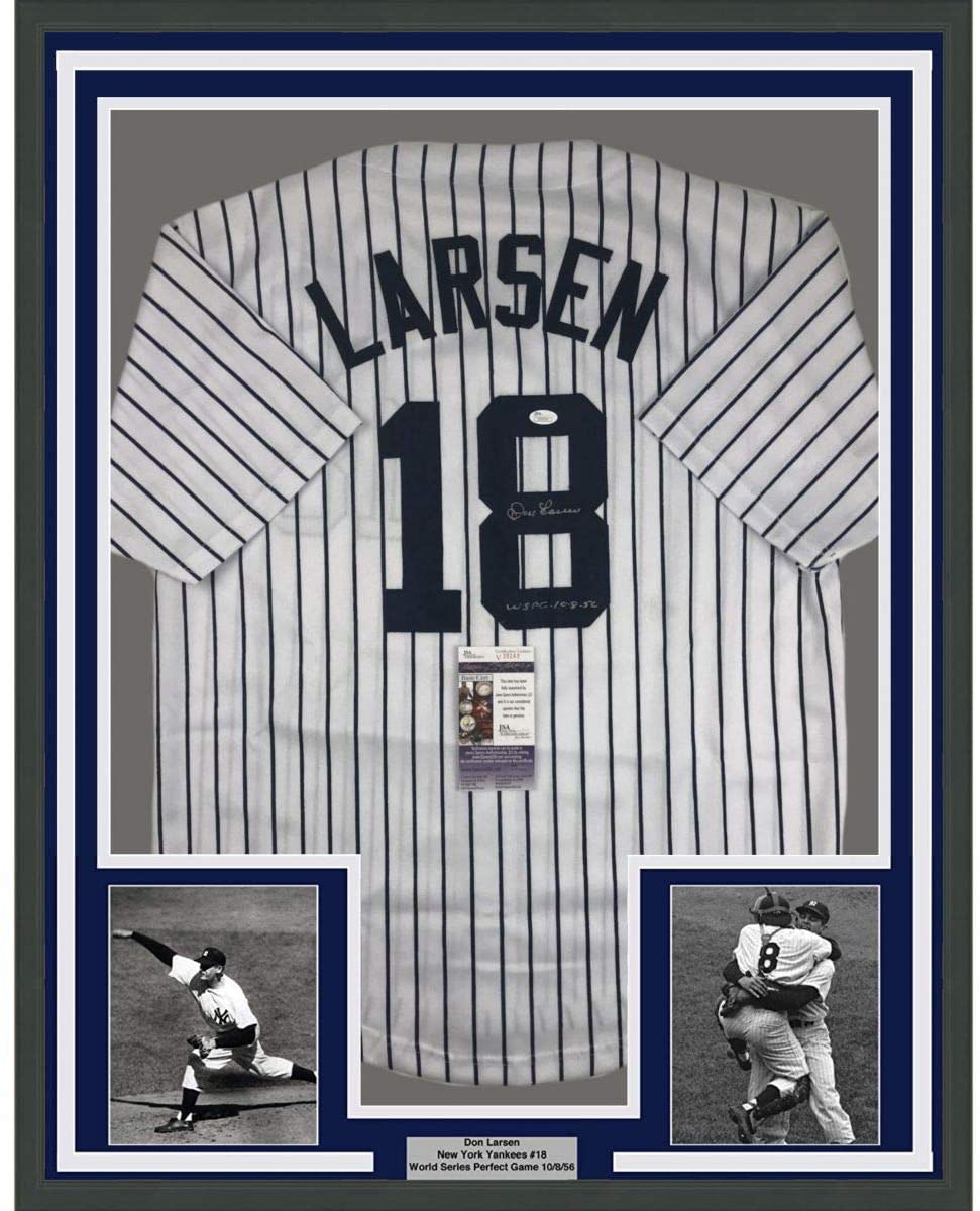 Framed Autographed/Signed Don Larsen 35x39 New York Pinstripe Baseball Jersey JSA COA