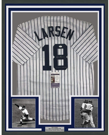 Framed Autographed/Signed Don Larsen 35x39 New York Pinstripe Baseball Jersey JSA COA
