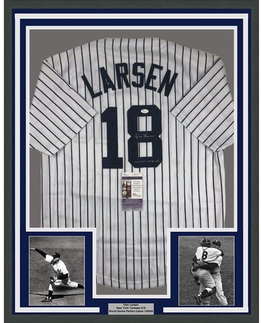 Framed Autographed/Signed Don Larsen 35x39 New York Pinstripe Baseball Jersey JSA COA
