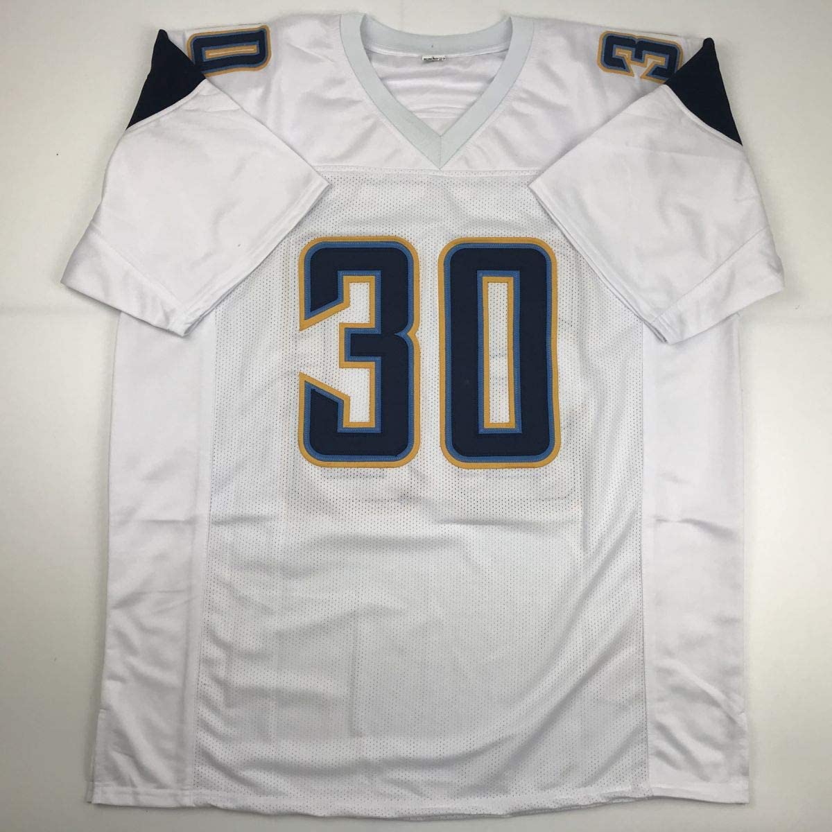 Autographed/Signed Austin Ekeler Los Angeles LA White Football Jersey Beckett BAS COA