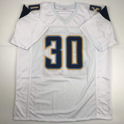 Autographed/Signed Austin Ekeler Los Angeles LA White Football Jersey Beckett BAS COA