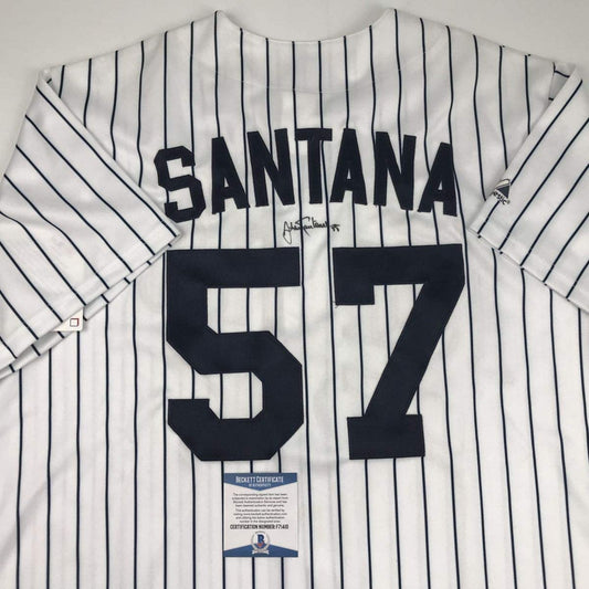 Autographed/Signed Johan Santana Minnesota Pinstripe Baseball Jersey Beckett BAS COA