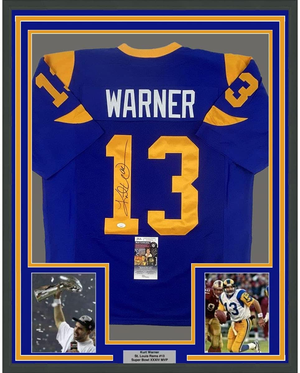 Framed Autographed/Signed Kurt Warner St. Louis 35x39 Blue Football Jersey JSA COA