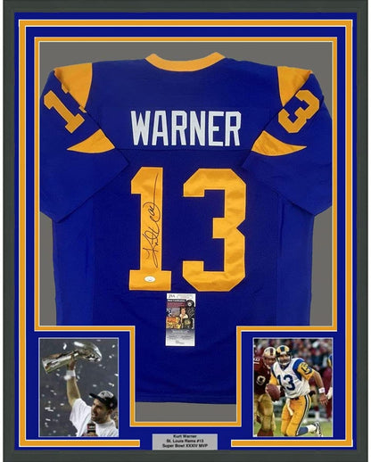 Framed Autographed/Signed Kurt Warner St. Louis 35x39 Blue Football Jersey JSA COA