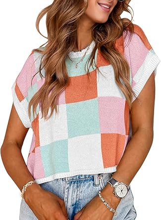 Womens Spring Crop Tops 2025 Cap Short Sleeve Sweater Vest Tank Loose Shirts Business Vacation Outfits Trendy Fall Summer Top