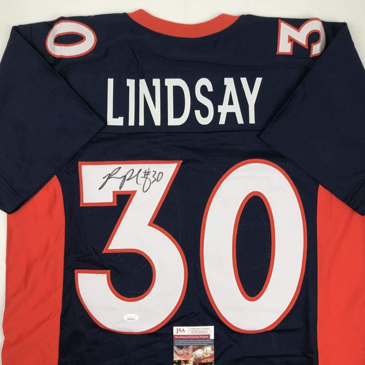 Autographed/Signed Phillip Lindsay Denver Blue Football Jersey JSA COA