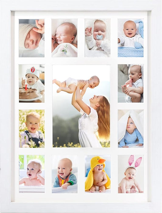 Baby's My First Year Frameâ_¥Collage Frame For Baby In White Frame with Mat, Displays One 5x7 Photo and Twelve 2.5x3.5 Pictures