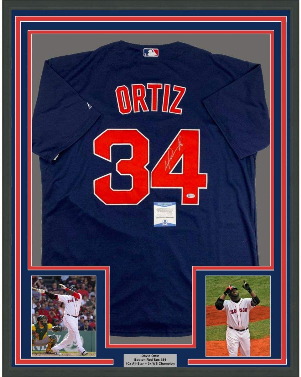 Framed Autographed/Signed David Ortiz 35x39 Boston Blue Baseball Jersey JSA COA