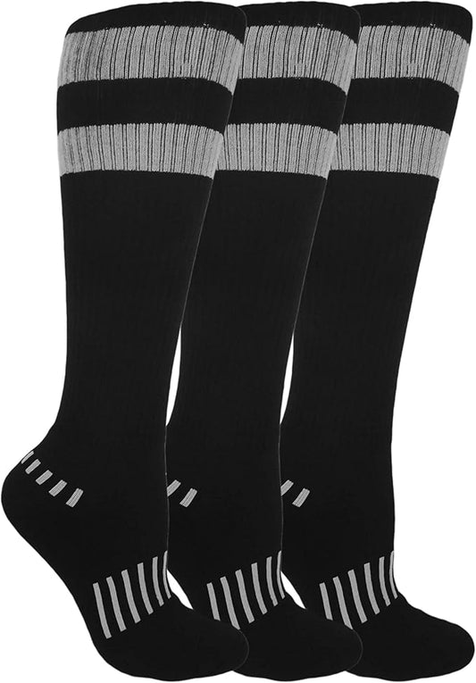 3-Pack Black and Gray Vintage 70's Stripes Athletic Soccer Knee-High Socks