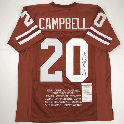 Autographed/Signed Earl Campbell HT 77 Texas Orange Stat College Football Jersey JSA COA