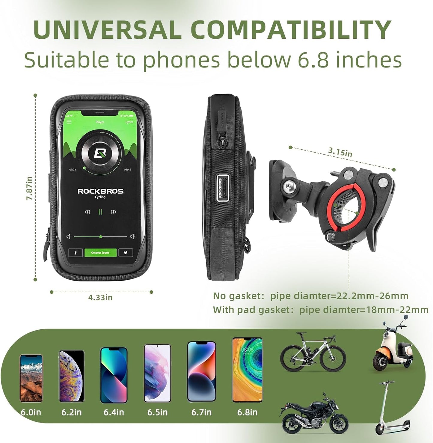 ROCKBROS Motorcycle Phone Mount Waterproof Handlebar Bag Phones Below 6.8”
