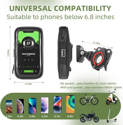 ROCKBROS Motorcycle Phone Mount Waterproof Handlebar Bag Phones Below 6.8”