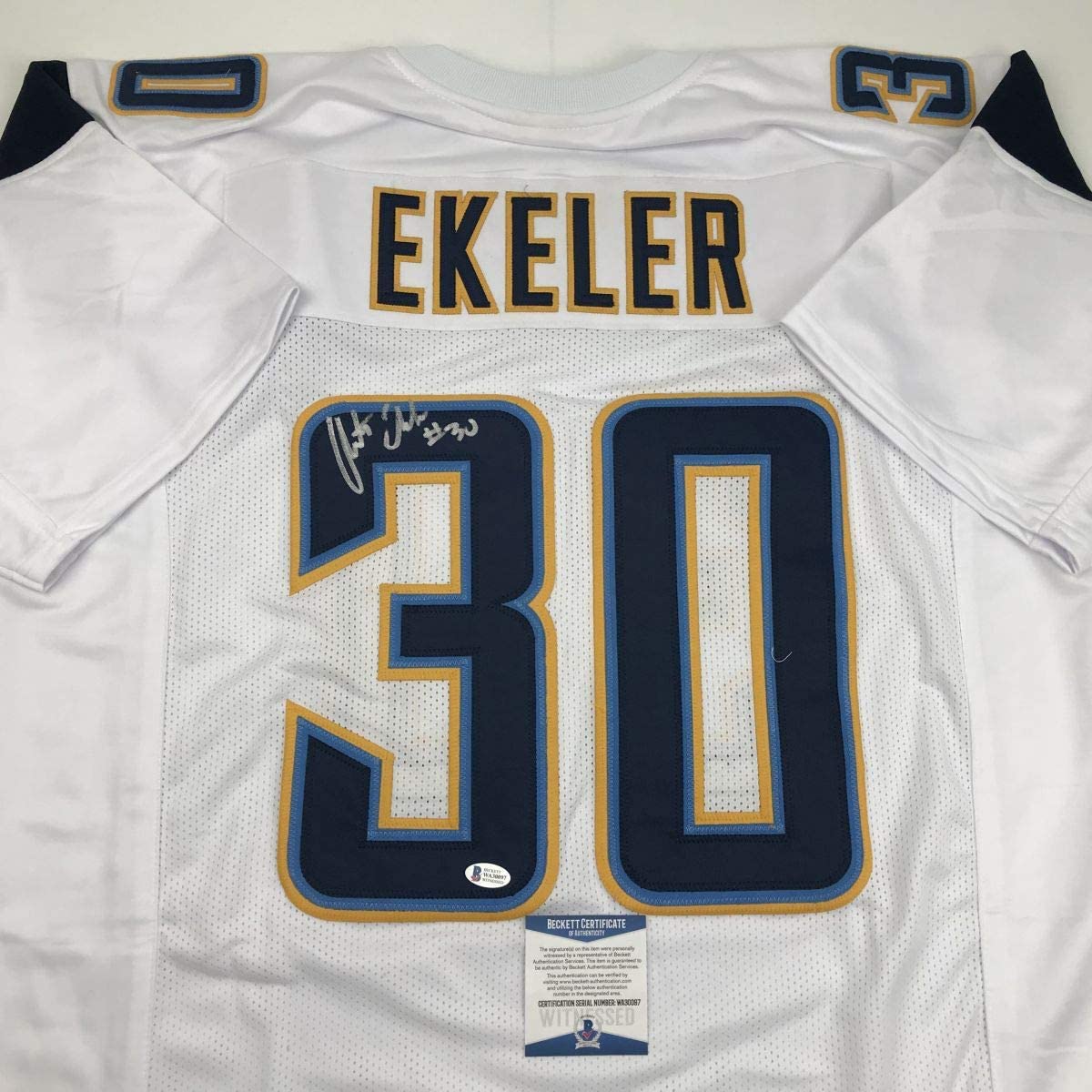 Autographed/Signed Austin Ekeler Los Angeles LA White Football Jersey Beckett BAS COA