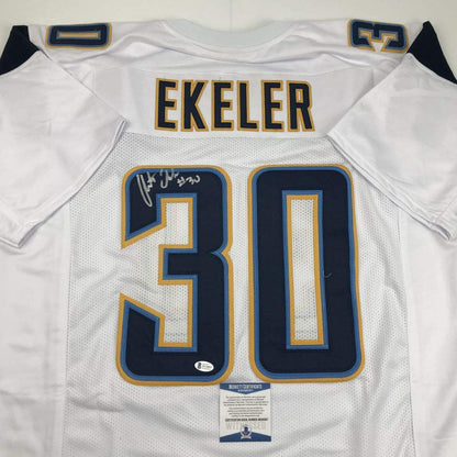 Autographed/Signed Austin Ekeler Los Angeles LA White Football Jersey Beckett BAS COA