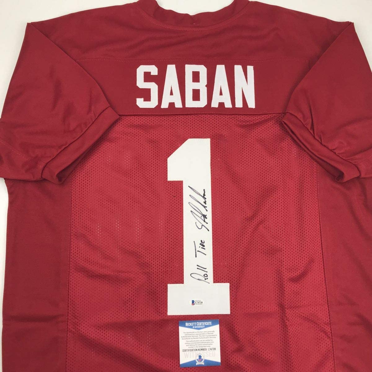 Autographed/Signed Nick Saban Roll Tide Alabama Red College Football Jersey Beckett BAS COA