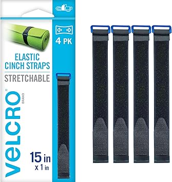 VELCRO Brand VEL-30792-AMS 15 Inch Elastic Straps 4 Pack | Stretchable and Adjustable for Snug Fit | Fasten Lumber, Yoga Mats, Tools, Camping Equipment, More | Cinch with Buckle, Black 15x1