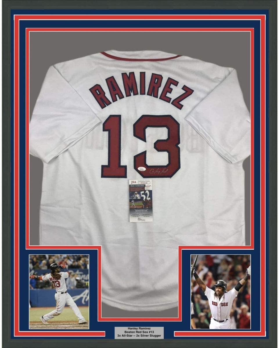 Framed Autographed/Signed Hanley Ramirez 35x39 Boston White Baseball Jersey JSA COA
