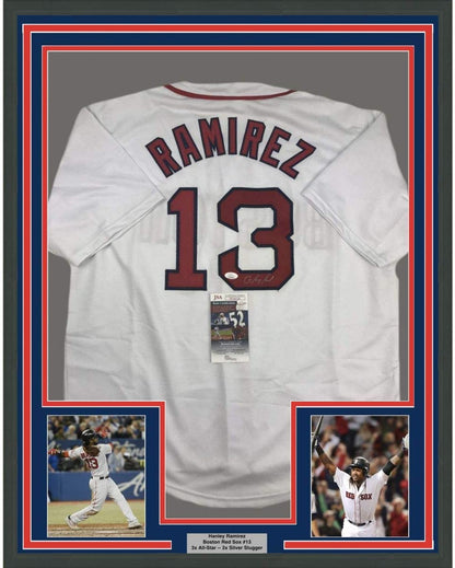 Framed Autographed/Signed Hanley Ramirez 35x39 Boston White Baseball Jersey JSA COA