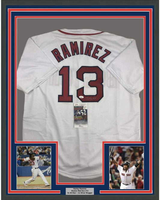 Framed Autographed/Signed Hanley Ramirez 35x39 Boston White Baseball Jersey JSA COA