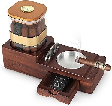 Cigar Humidor and Cigar Ashtray Set, Wooden Cigar Ash Tray with Cigar Accessories Drawer, Cigar Cutter, Cigar Jar Tray, Humidor Cigar Box with Hygrometer and Humidifier, Cigar Gifts for Men