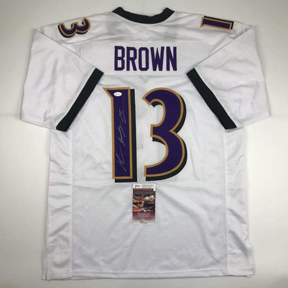 Autographed/Signed John Brown Baltimore White Football Jersey JSA COA