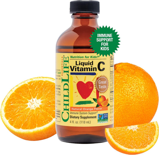 CHILDLIFE ESSENTIALS Liquid Vitamin C - Immune Support, Vitamin C Liquid, All-Natural, Gluten-Free, Allergen Free, Non-GMO, High in Antioxidants - Orange Flavor, 4 Ounce Bottle (Pack of 3)