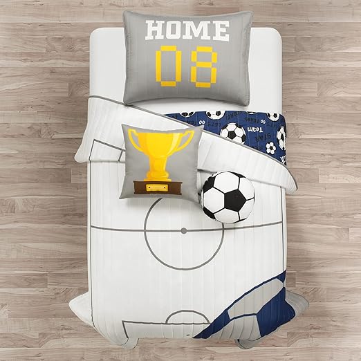 Lush Decor Soccer Game Reversible Oversized Kids 4 Piece Quilt Set, Twin, White & Navy