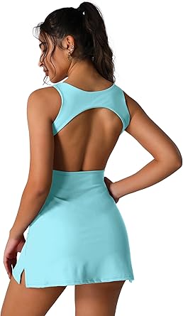 Women's Tennis Dress Built in Shorts with Pockets Sleeveless Cutout Ruffle Tank Dress Active Yoga Golf Dresses