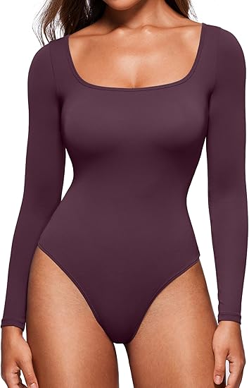 CRZ YOGA Butterluxe Square Neck Long Sleeve Bodysuit for Women Sexy Thong Layering Tops Soft Stretchy