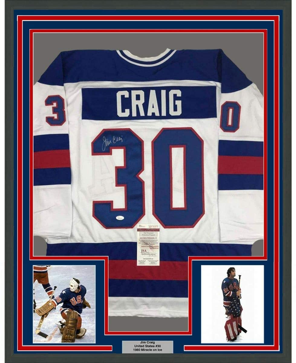 Framed Autographed/Signed Jim Craig 35x39 White 1980 Miracle On Ice United States Hockey Jersey JSA COA
