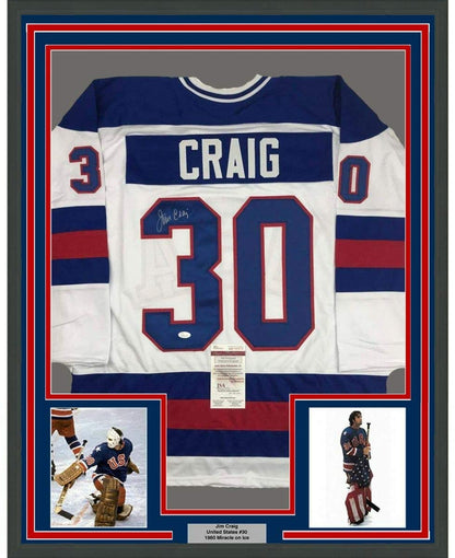 Framed Autographed/Signed Jim Craig 35x39 White 1980 Miracle On Ice United States Hockey Jersey JSA COA