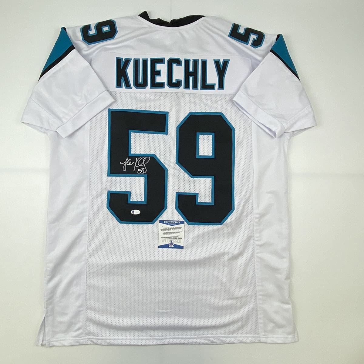 Autographed/Signed Luke Kuechly Carolina White Football Jersey Beckett BAS COA