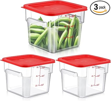Commercial Food Storage Containers with Lids 6 Qt Square Polycarbonate Containers with Scale Clear Airtight Cereal Storage Containers for Pantry Home Restaurant (3 Sets)