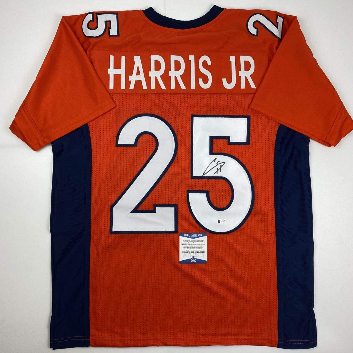 Autographed/Signed Chris Harris Jr. Denver Orange Football Jersey Beckett BAS COA