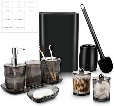 9-Piece Black Bathroom Set, Plastic Bathroom Accessories Set with Trash Can, Toilet Brush, Soap Dispenser, Soap Dish, 2 Q-tip Holder, Cup, Toothbrush Holder & Tray for Home, Apartment, Decor