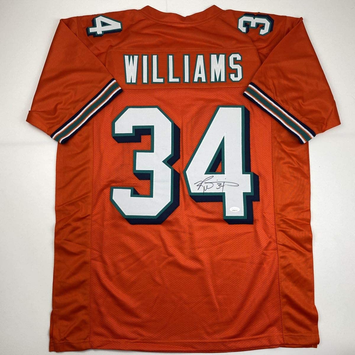 Autographed/Signed Ricky Williams Miami Orange Football Jersey JSA COA