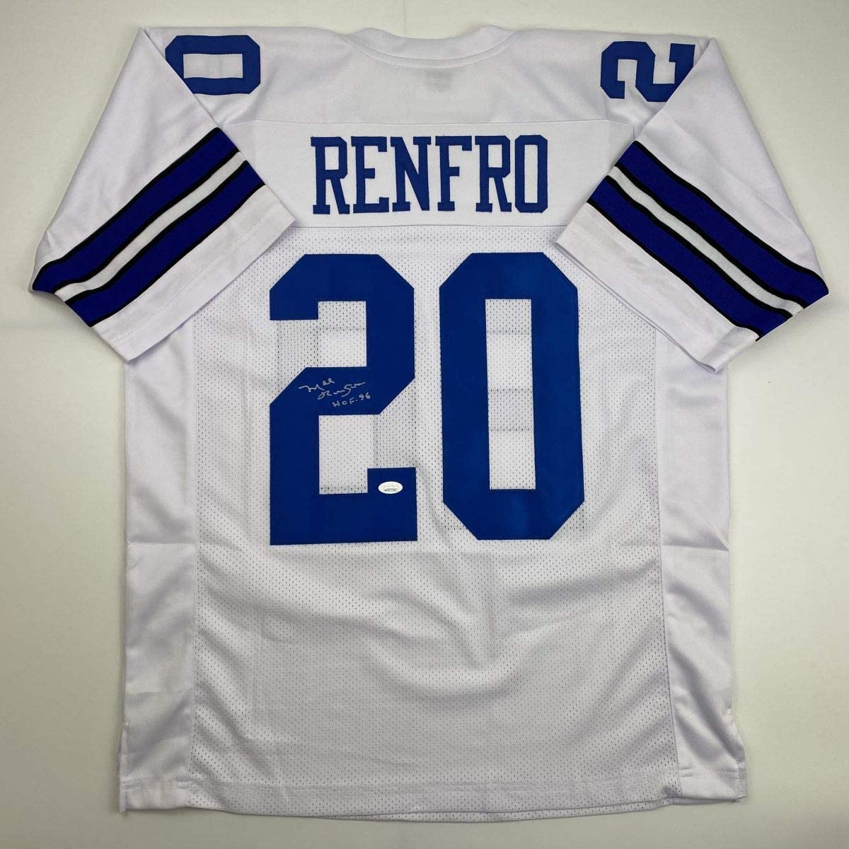 Autographed/Signed Mel Renfro HOF 96 Dallas White Football Jersey JSA COA